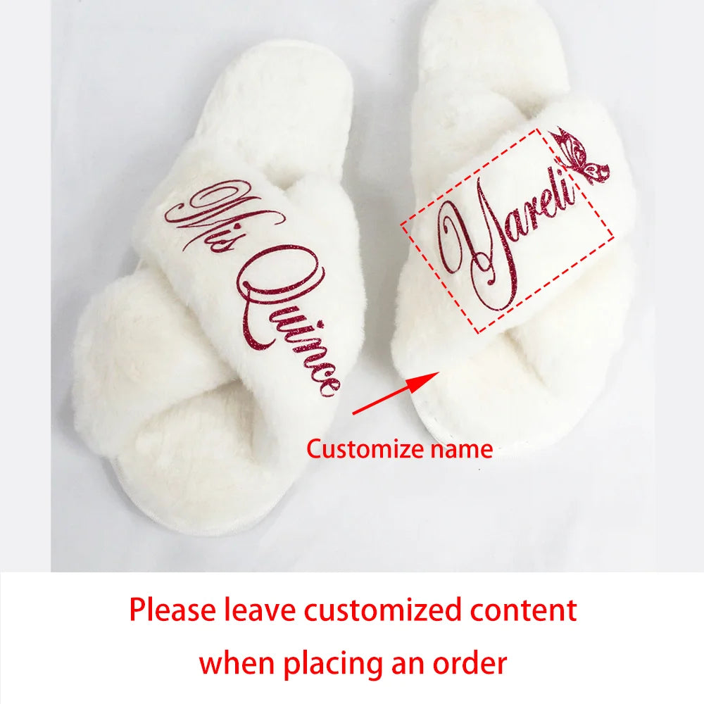 Custom Mis Quince Fluffy Slippers – Quinceañera Birthday Gift