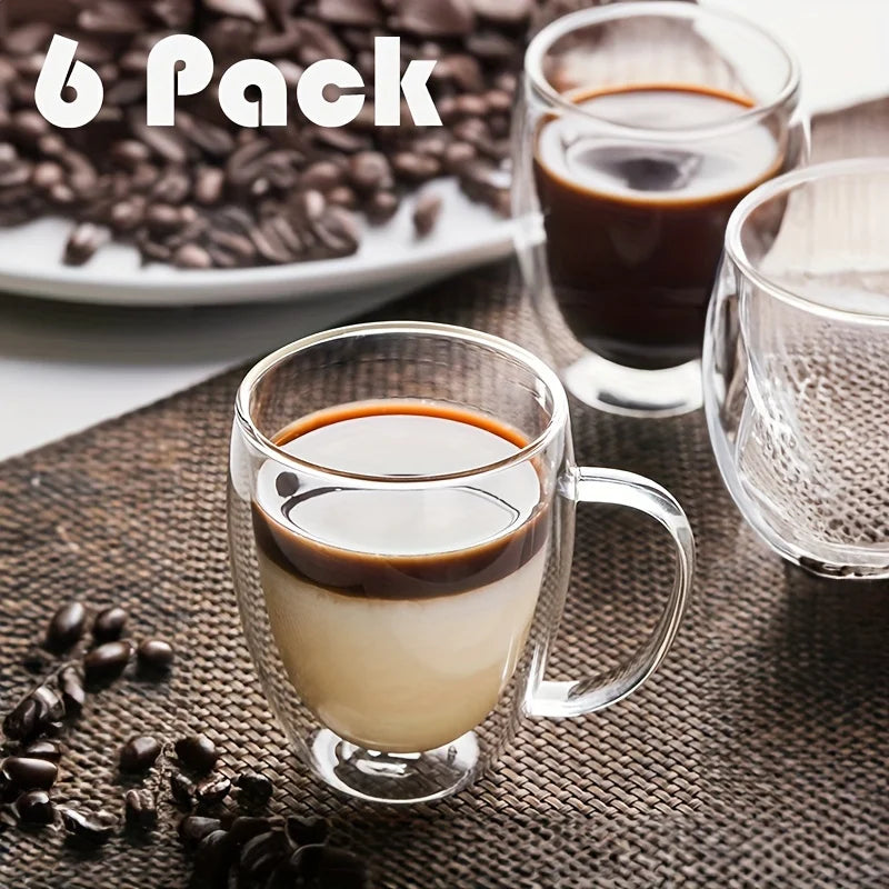 KEMORELA 350ml Double Wall Glass Coffee Mugs with Handle | 2/4/6 Pack