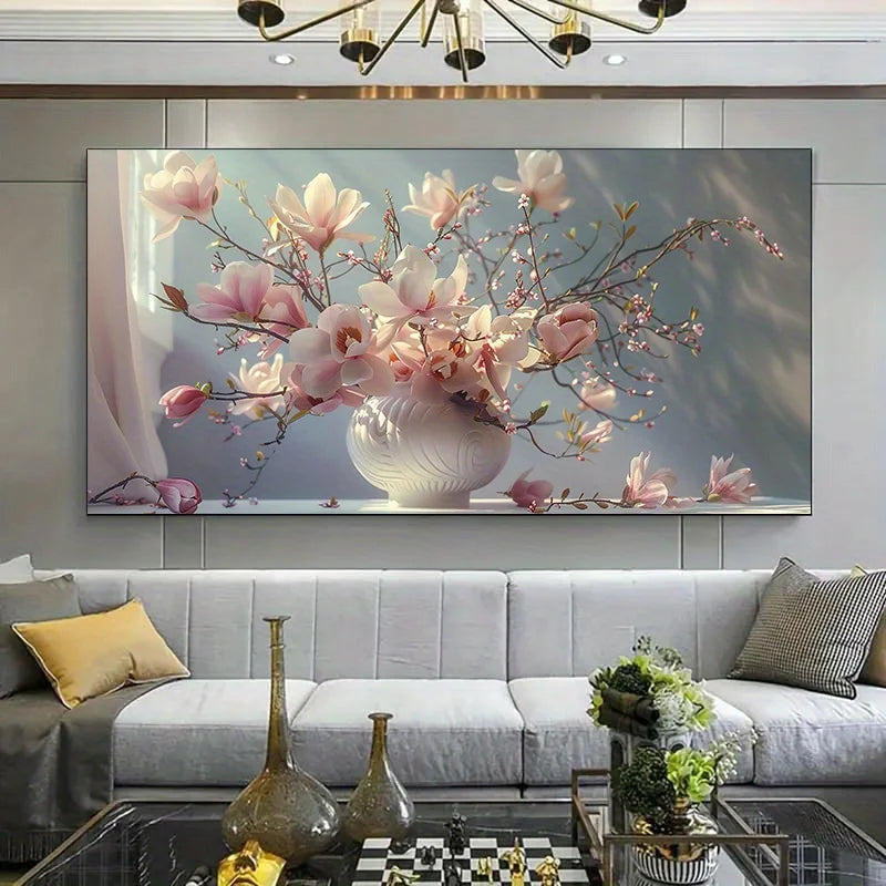 Large Frameless Canvas Art Modern Cherry Blossoms and Magnolias Wall Decor, Elegant Floral Design for Living Room Room Decor Peaceful Pleasures Health and Wellness