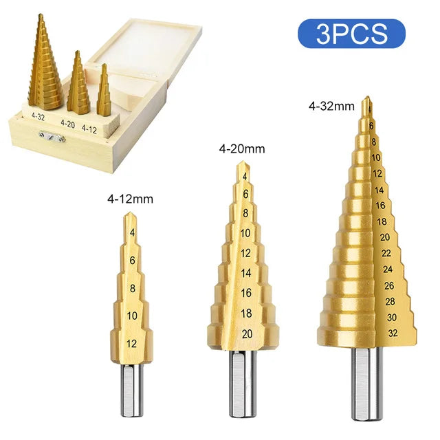 Straight Groove Step Drill Bit HSS Titanium Coated Wood Metal Hole Cutter Core Drilling Tools Set 4 Models 3-12 4-12 4-20 4-32 Peaceful Pleasures Health and Wellness Box4-12 4-20 4-32 Hexagonal