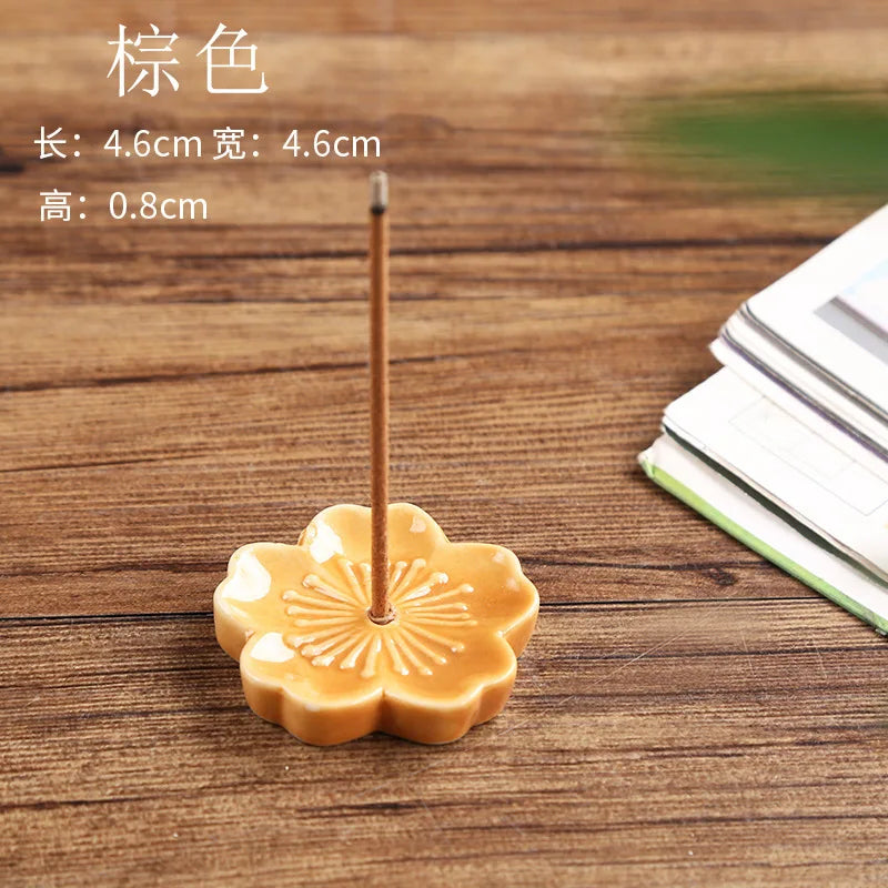 Ceramic Cherry Blossom Incense Holder Wax Melt Burner Holder Aromatherapy Office Teahouse Living Room Ornament Insence Burner Peaceful Pleasures Health and Wellness brown2
