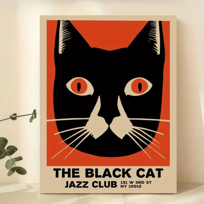 The Black Cat Jazz Club Canvas Art Print, Retro Art Deco Poster, Artwork for Home Decor, Frameless Animal Print Wall Art Peaceful Pleasures Health and Wellness