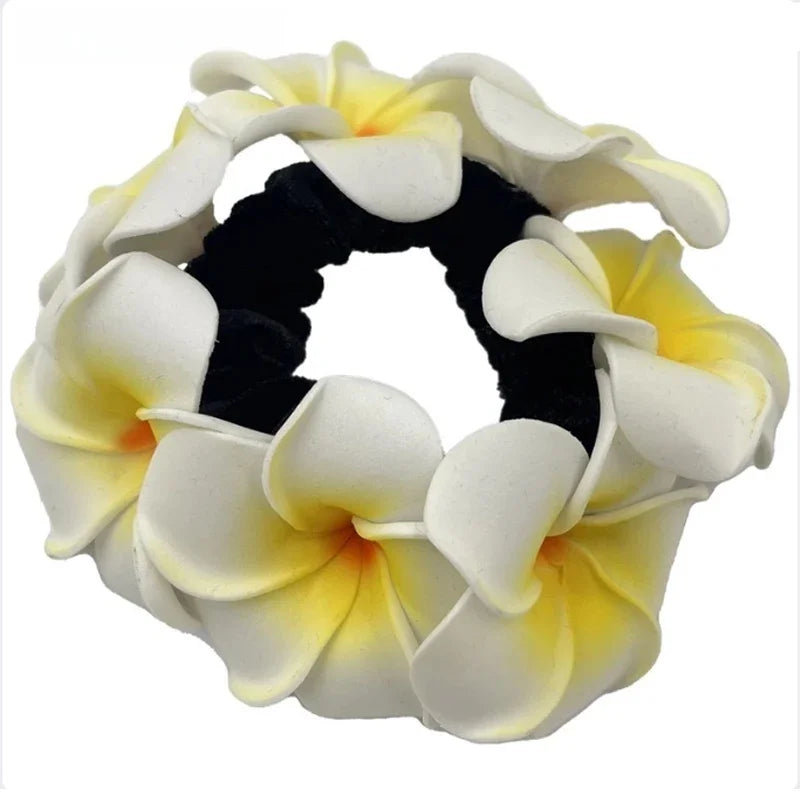 2pcs Hawaii Flower Hair Scrunchies Foam Plumeria Hair Rope Frangipani Egg Flower Headdress for Beach Party Wedding Bridal Girl Peaceful Pleasures Health and Wellness white