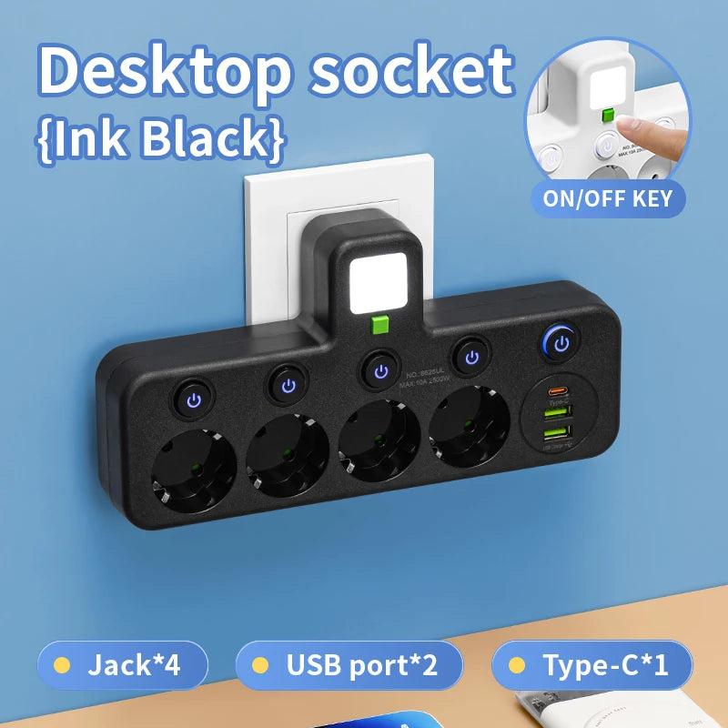 EU Plug Multi Socket Power Strip with USB-C USB Ports Night Light Individual Switches 2500W Wall Charger Adapter for Home Office Peaceful Pleasures Health and Wellness Black 4 holes EU Plug