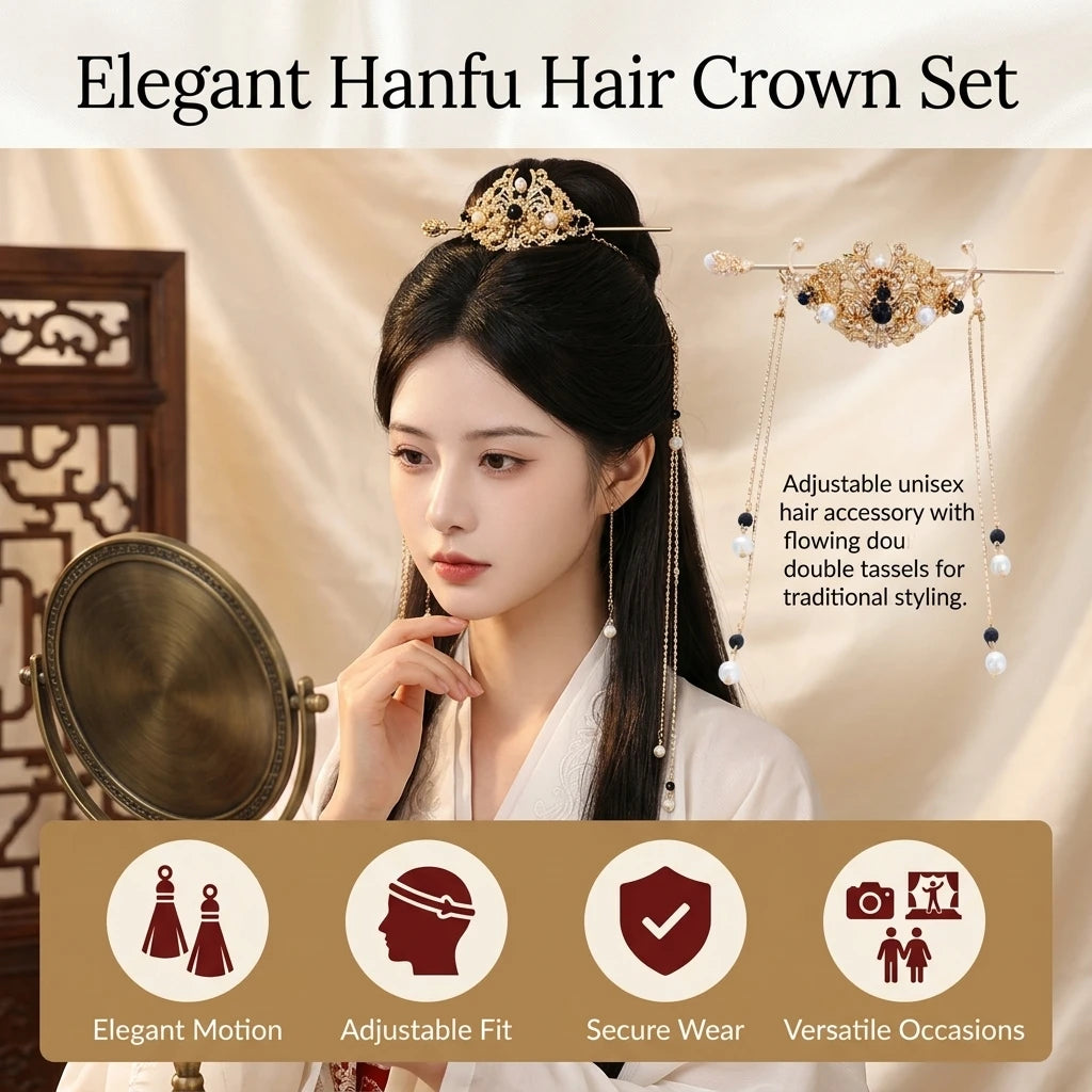 Ancient Style Tassel Step Shake Hair Crown for Hanfu with Double Layer Tassels, Unisex Traditional Chinese Costume Accessory Peaceful Pleasures Health and Wellness