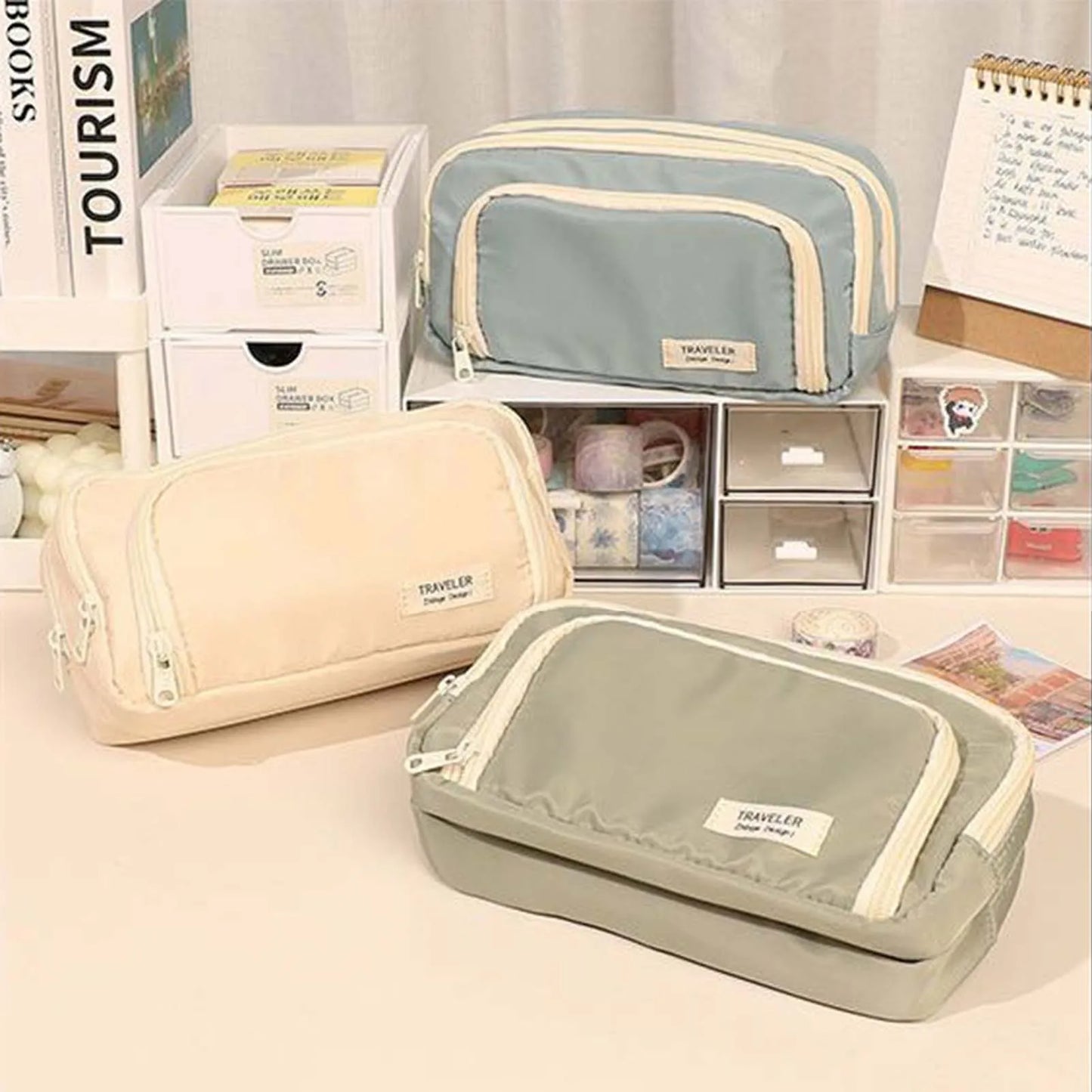 Portable Three-Layer Pencil Case Zipper Stationery Storage Bags with Zipper for School Student Teen Girl Boy Peaceful Pleasures Health and Wellness