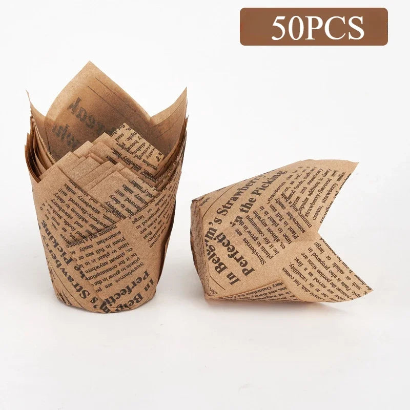 50pcs Newspaper Tulip Cupcake Liners | Baking Paper Cups