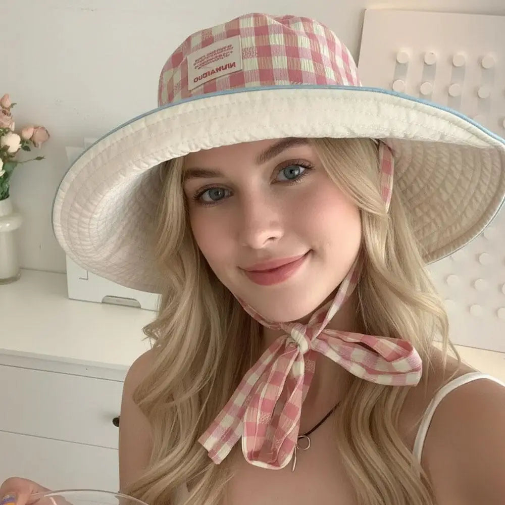 Women Summer UV Protection Wide Brim Sun Hats With Chin Strap Cute Pastel Plaid Beach Hat For Outdoor Travel & Daily Wear Peaceful Pleasures Health and Wellness