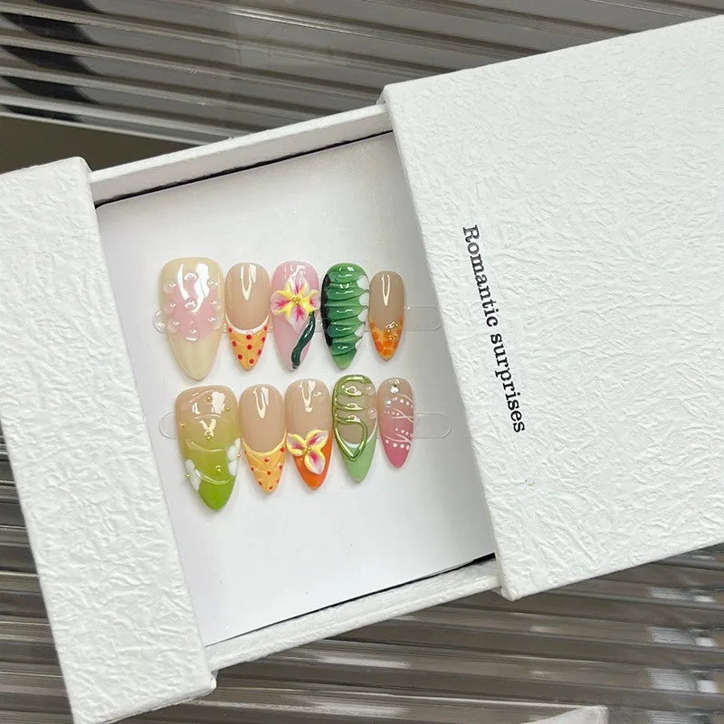 10pcs Handmade Dopamine Press on Nails French Style 3D Tropical Flower Decor Fake Nails Wearable Romantic Almond False Nail Tips Peaceful Pleasures Health and Wellness