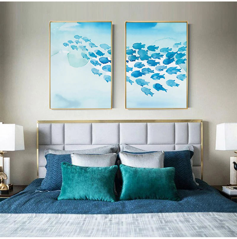 Abstract Poster Cartoon Blue Fish Group Canvas Painting Childlike Wall Art Pictures Print Room Decorative For Nursery Children Peaceful Pleasures Health and Wellness