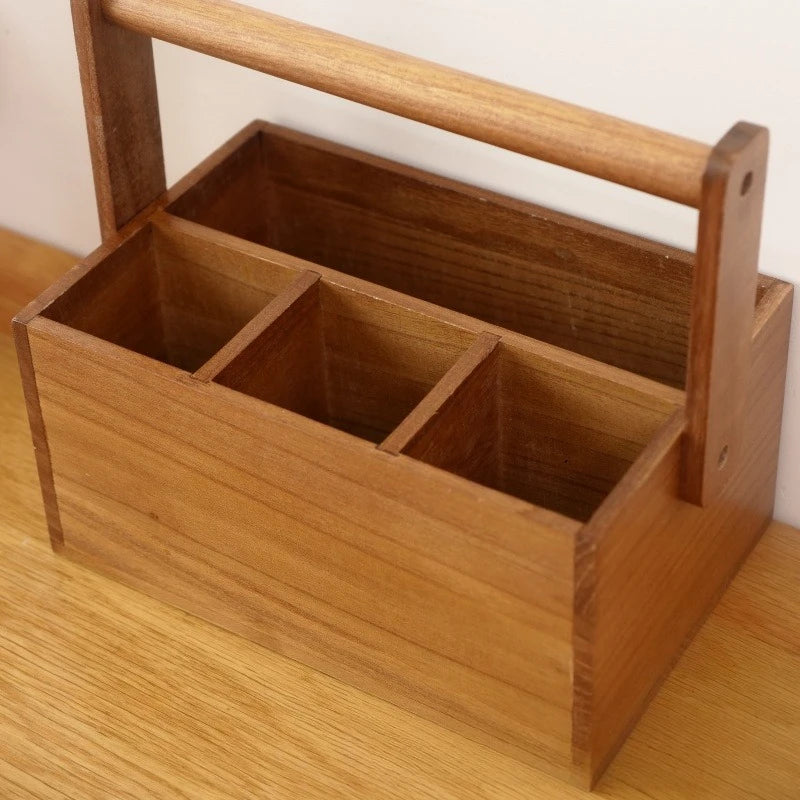 Rustic Wooden Cutlery Storage Basket with Handles for Kitchen Countertop Organizing Bowls Chopsticks Utensils Home Dining Peaceful Pleasures Health and Wellness