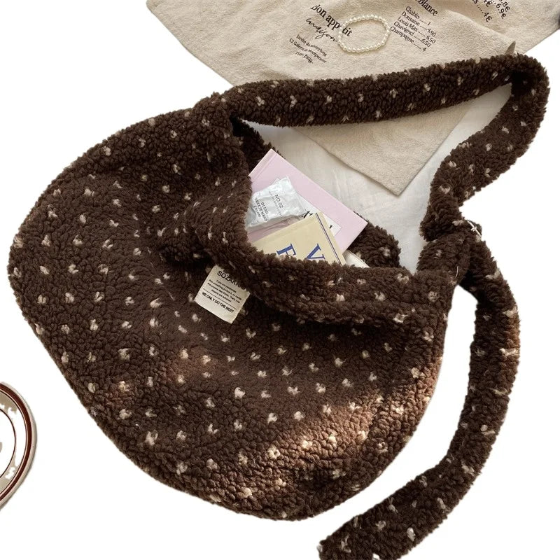 Autumn Winter Plush Heart Crossbody Bag Large Capacity Canvas Shoulder Bag Shopping Tote for Daily Use Versatile Commuting Bag Peaceful Pleasures Health and Wellness