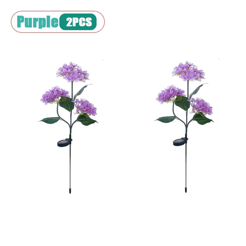 Solar Hydrangea Stake Lights 3-Head Blue Flower Garden Decor