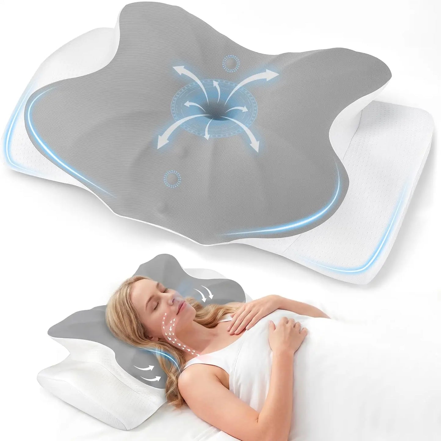 Woman lying on a gray and white pillow with a butterfly design, on a white background