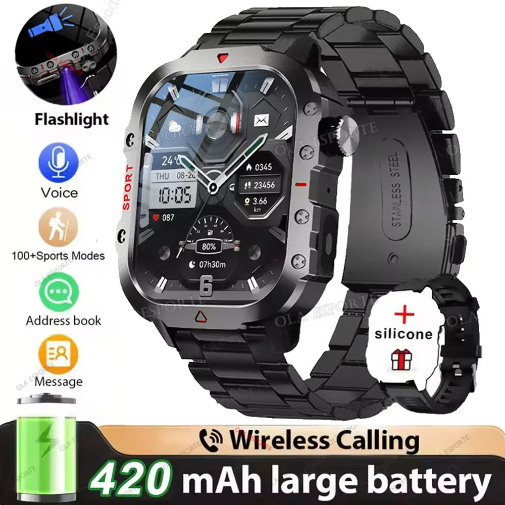 2026 Outdoors Durable Men Sports Smart Watch 1400mAh Battery LED Flashlight Waterproof Bluetooth Call Military Smartwatchs HW12 Peaceful Pleasures Health and Wellness 2.01 Bk22Szstrap Smartwatch
