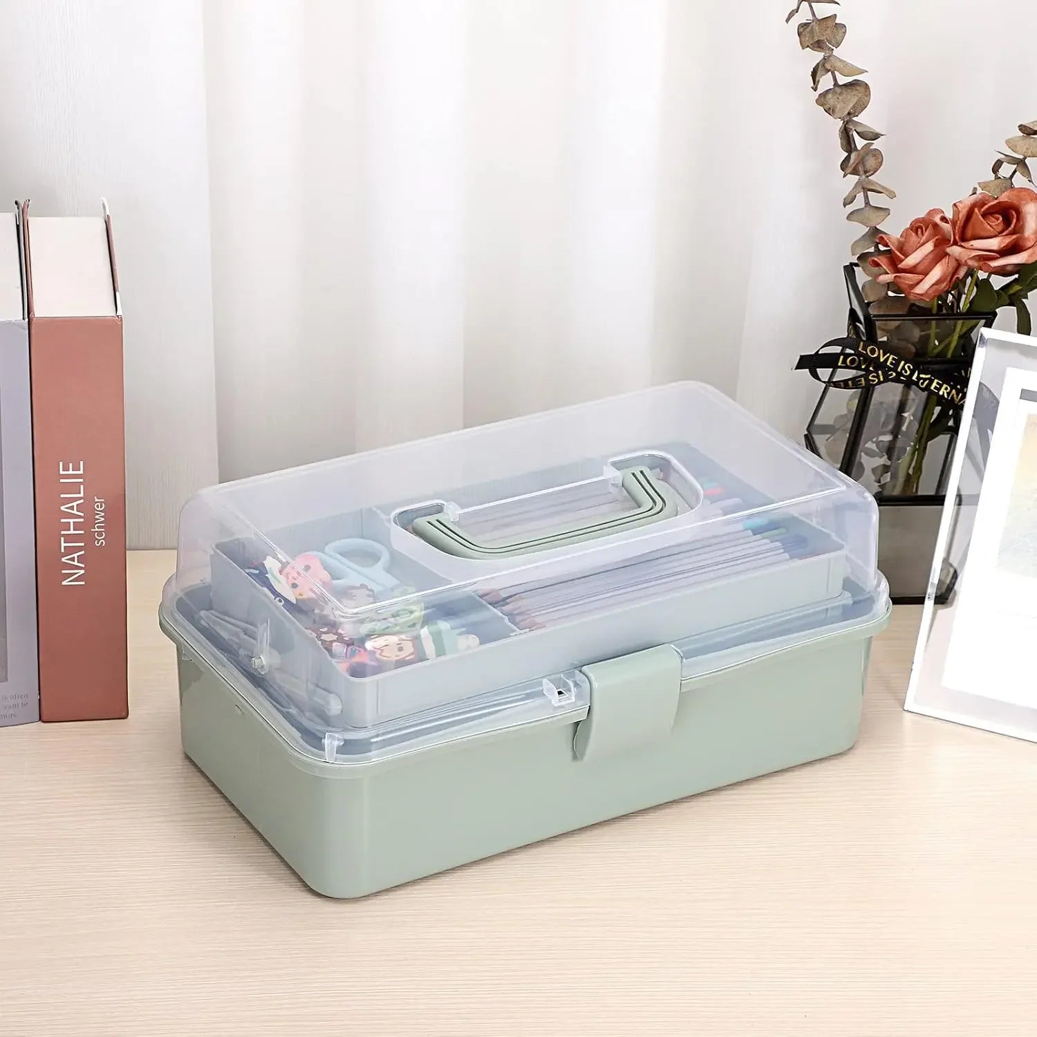 3-Layer Adjustable Storage Box with Handles – Haze Green Peaceful Pleasures Health and Wellness