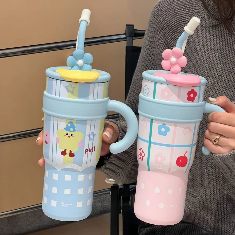 Tumbler with Handle Lid Straw Cute Cat Thermos Cup Stainless Steel Water Bottle Outdoor Travel Coffee Mug Gift Large Capacity Peaceful Pleasures Health and Wellness