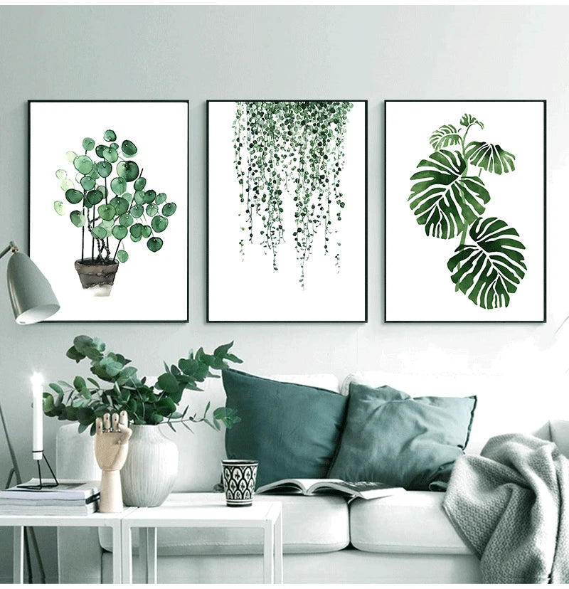 Wall Art Paintings for Living Room Home Decor Scandinavian Style Tropical Plants Poster Green Leaves Decorative Picture Modern Peaceful Pleasures Health and Wellness