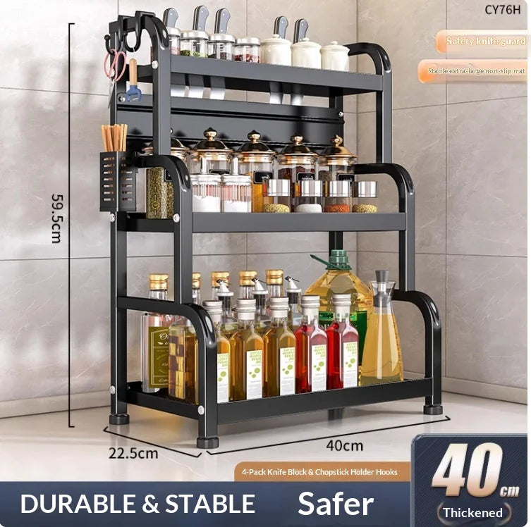 Modern Household Kitchen Spice Rack Countertop Storage Organizer Multifunctional Shelving Unit For Cooking Essentials Peaceful Pleasures Health and Wellness 40cm 3 Layers B