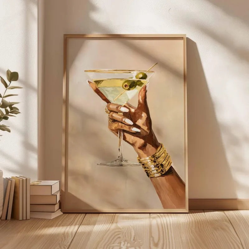 Chic Martini Glass Poster Hand Holding Cocktail Modern Champagne Canvas Painting Fashion Wall Art Bar Kitchen Room Home Decor Peaceful Pleasures Health and Wellness