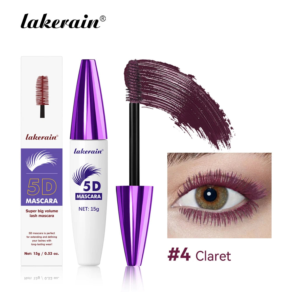 Lakerain 5D Mascara Eyelashes Lengthening Long-Lasting Intense Black Waterproof Nourishing Smudge-Proof Mascara Eye Makeup Peaceful Pleasures Health and Wellness Claret
