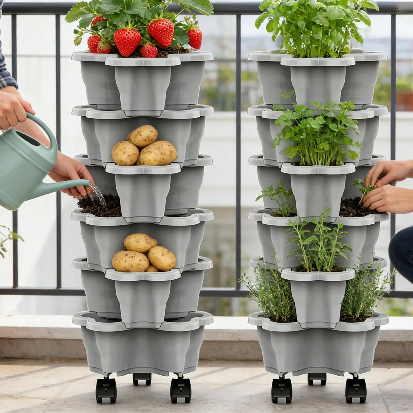 6-Tier Stackable Vertical Planter Tower with Rolling Casters