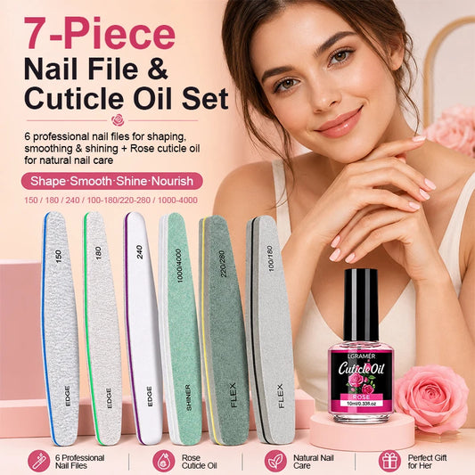 Professional Nail File Nail Buffer & Cuticle Oil Kit, Multi-functional Tools for Shaping, Buffing, Polishing and Hydrating 7pcs Peaceful Pleasures Health and Wellness
