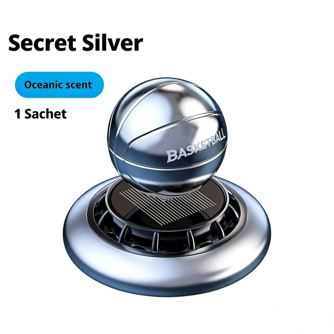Solar-Powered Basketball Rotating Car Aroma Diffuser Auto Air Freshener Plant-Based Scent Diffuser for Car Interior Decoration Peaceful Pleasures Health and Wellness Mystic Silver