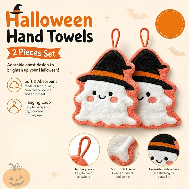 Halloween Cute Ghost Witch Hat Hanging Towel Soft Coral Velvet Quick