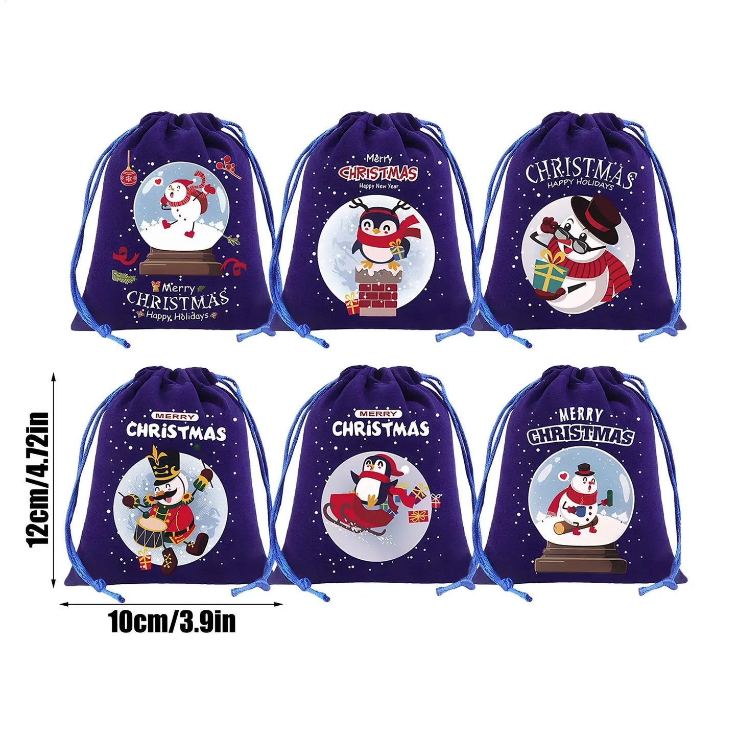 Christmas Drawstring Gift Bags – 6-Piece Reusable Flannel Pouches