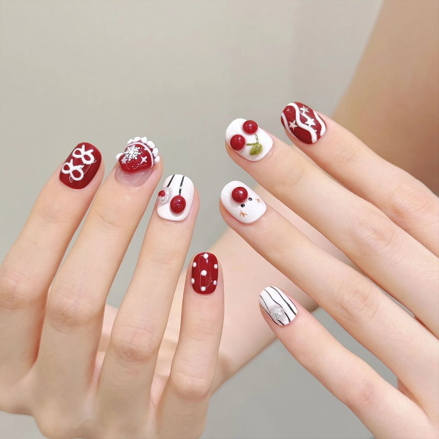 10PCS Handmade Press on Nails Cute 3D Hand-painted Christmas Fake Nails French Tip Wearable Stars Glitter Red False Nails Short Peaceful Pleasures Health and Wellness