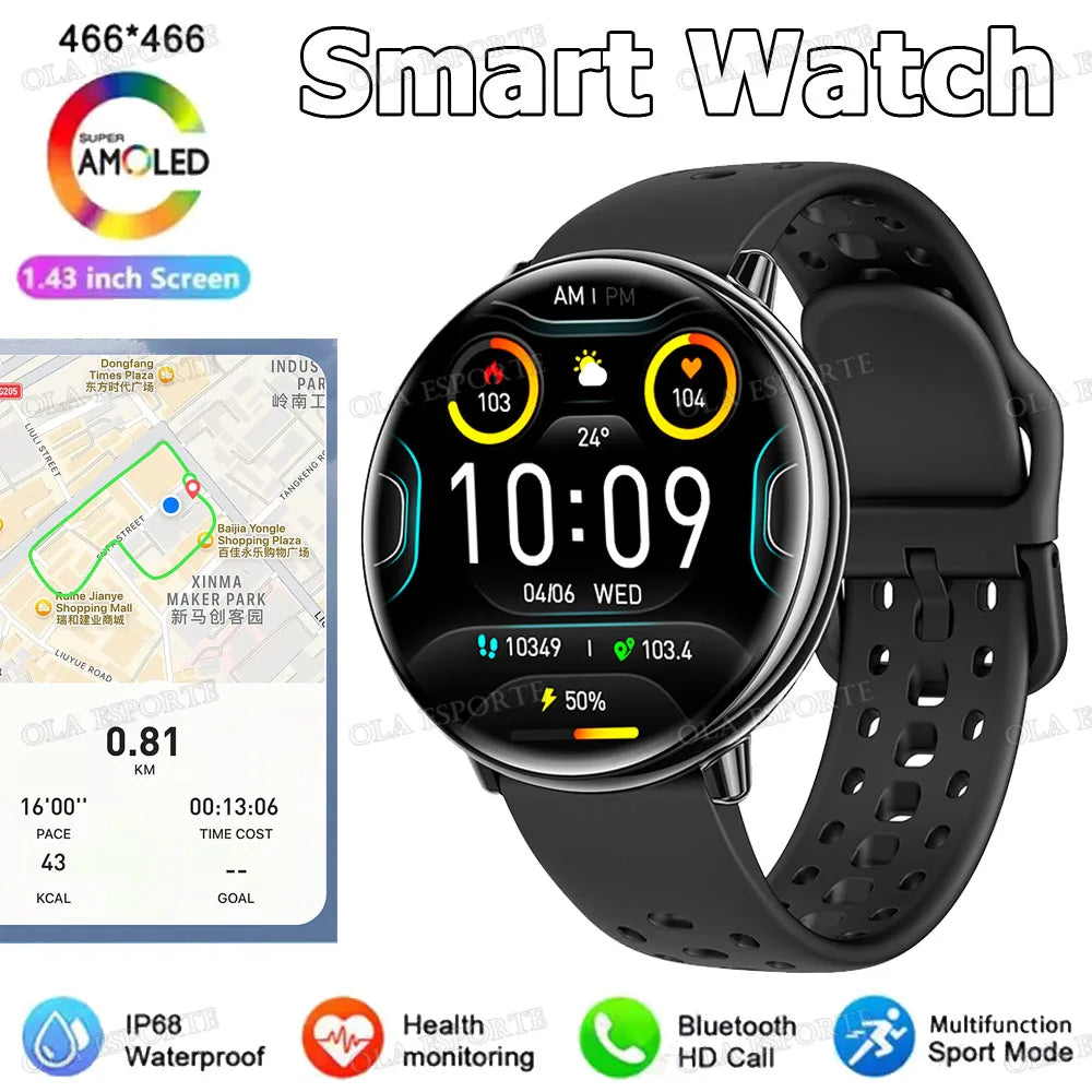 New Smart Watch GPS 1.43 Inch AMOLED IP68 Waterproof Bluetooth Call Multi-sport Mode Health Monitoring SmartWatch Men Women Gift Peaceful Pleasures Health and Wellness Black