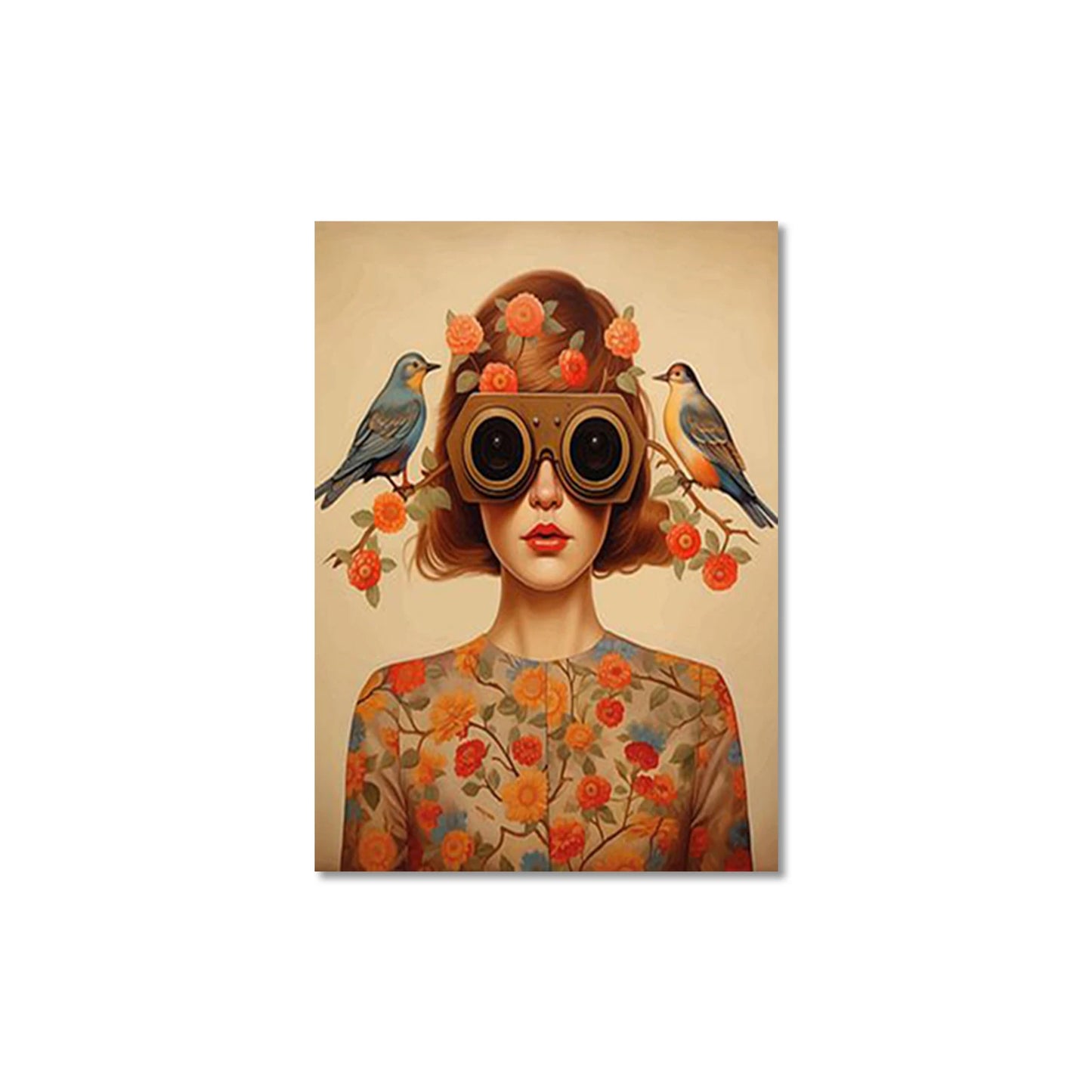 Nordic Scandinavian Style Glasses Woman with Flowers Birds Wall Art Canvas Painting Portrait Poster Prints for Modern Home Decor Peaceful Pleasures Health and Wellness QP10932 30x45cm No Frame