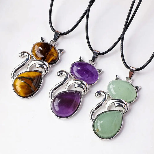 Natural Stone Cat Pendant – Amethyst, Tiger Eye & Crystal Crystal Stone Pendant Oasis Select