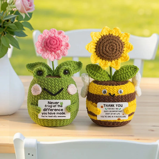 Handmade Crochet Frog Bee Plant Pot Doll | Desk Ornament Gift Crochet Desk Ornament Peaceful Pleasures Health and Wellness