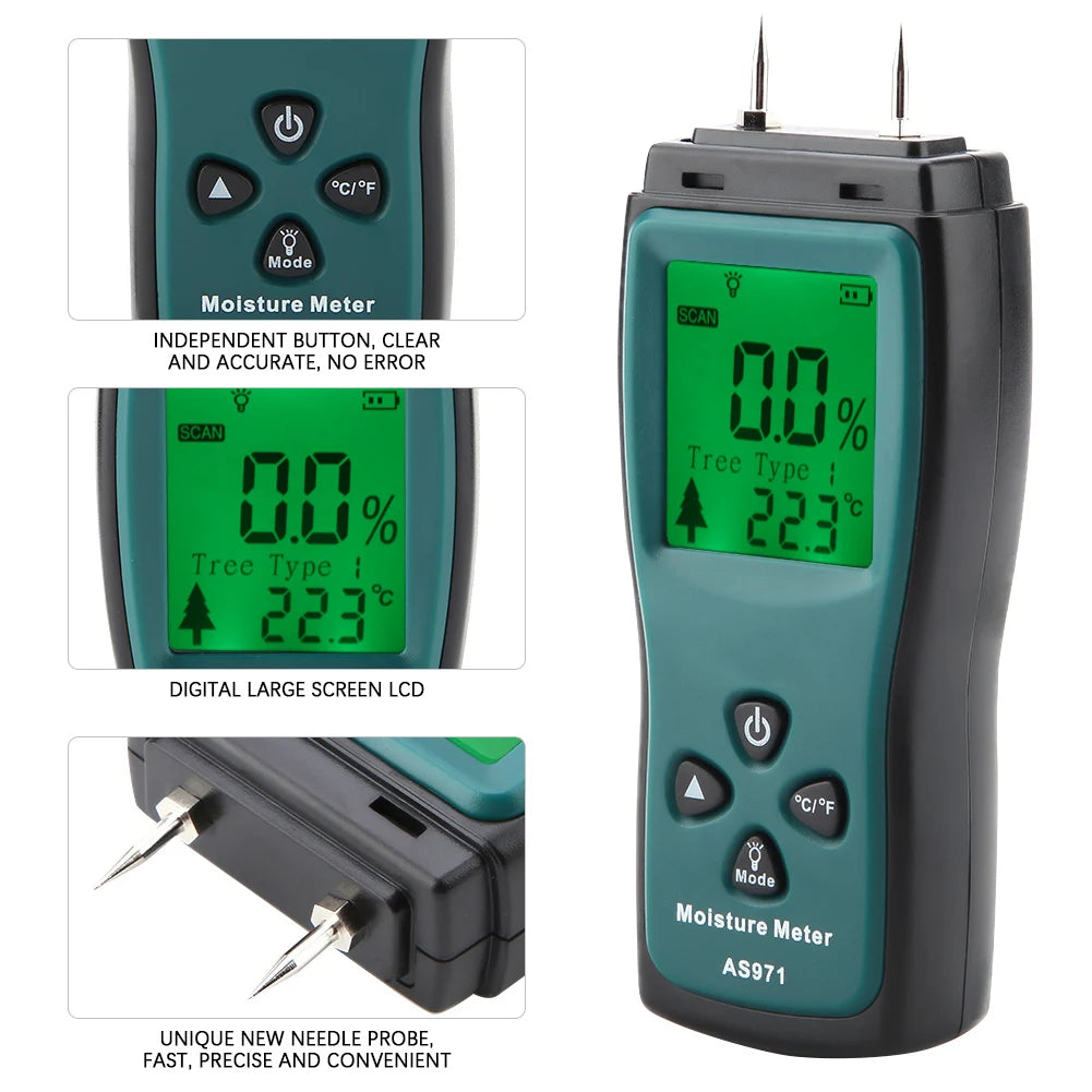 Digital Wood Moisture Tester Wood Moisture Tester SMART SENSOR AS971 LCD Display Digital Wood Moisture Humidity Tester 0~40℃ Peaceful Pleasures Health and Wellness
