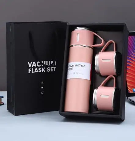 One Cup Three Lid Thermos Cup Set 304 Stainless Steel Handle Lid Gift Cup Men's And Women's Portable Gift Box Set Peaceful Pleasures Health and Wellness Pink 401-500ml