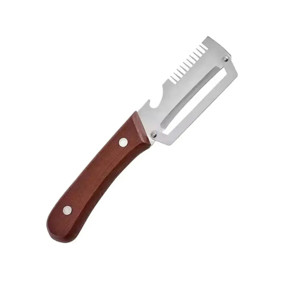 3-in-1 Multifunction Kitchen Peeler, Wooden Handle Stainless Steel Serrated Knife, Vegetable Fruit Peeler Shredder Bottle Opener Peaceful Pleasures Health and Wellness 1 X Brown handle