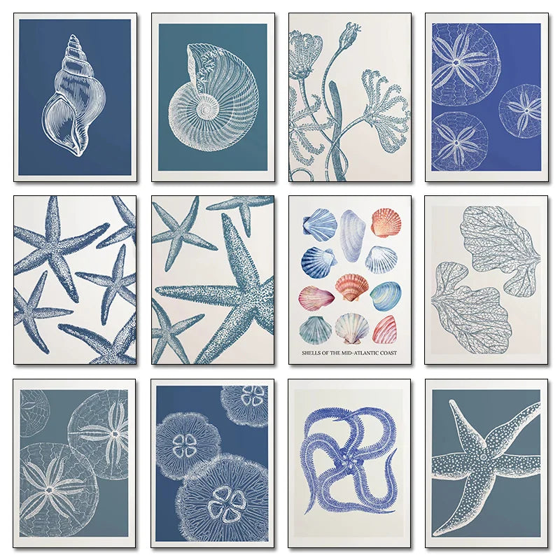 Blue Coastal Seashell Canvas Wall Art | Kids Room Ocean Decor