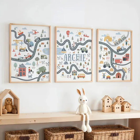 3-Piece Cartoon Transport & Animals Canvas Wall Art | Kids Decor Canvas Wall Art Peaceful Pleasures Health and Wellness G5342-3pcs 30x40cm Unframed