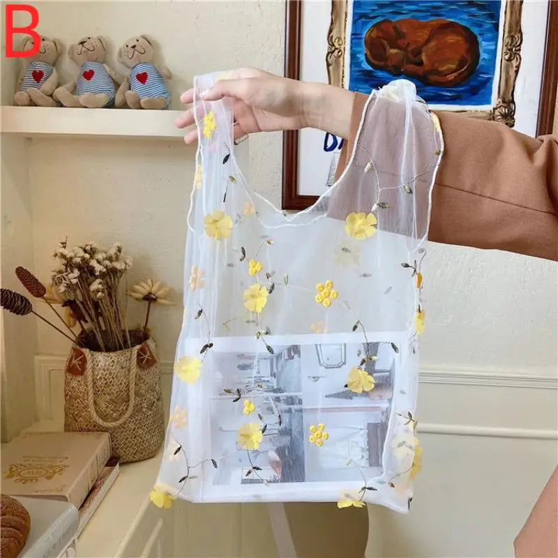 Mesh Embroidered Floral Tote Bag | Travel & Shopping Bag
