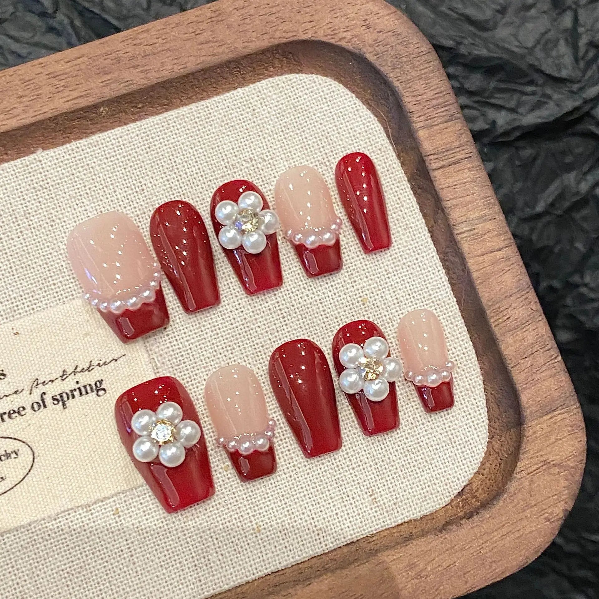 Handmade Press on Nails Short Red French Fake Nails with 3D Pearl Flower Design Sweet Korean Style False Nail Tips for Girl Peaceful Pleasures Health and Wellness M