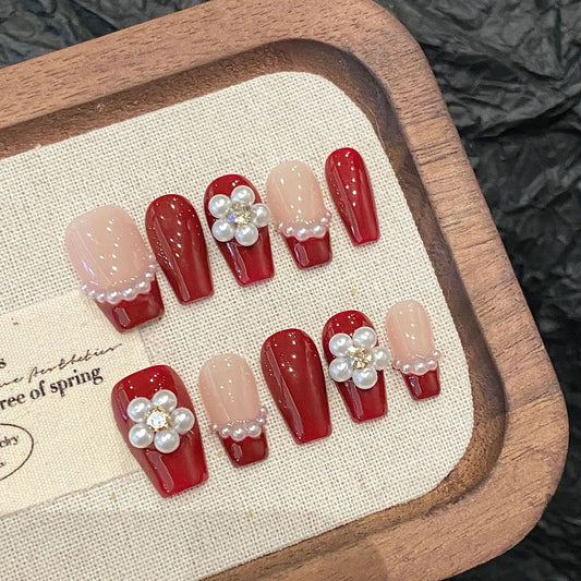 Handmade Press on Nails Short Red French Fake Nails with 3D Pearl Flower Design Sweet Korean Style False Nail Tips for Girl Peaceful Pleasures Health and Wellness M