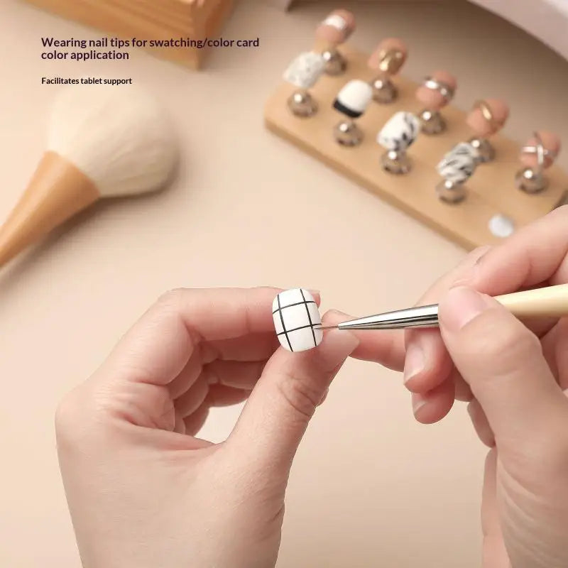 Double Row Magnetic Nail Holder Practice Display Stand UV Gel Polish 10 Chess Wooden Base Showing Shelf Manicure Tool Peaceful Pleasures Health and Wellness