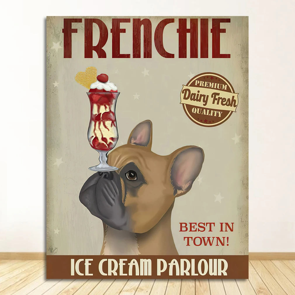 English Bulldog Ice Cream Retro Canvas Wall Art | Unframed