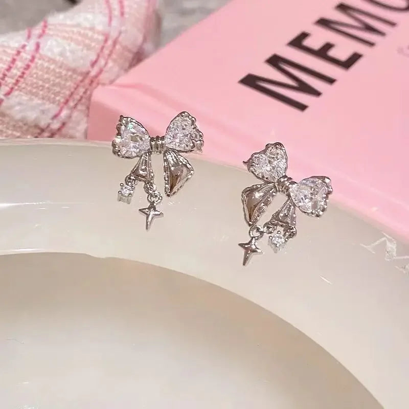 Japanese Korean Style Sweet Bow Zircon Earrings Women Niche Design Premium Jewelry Fashion Temperament Trendy Accessories Gift Peaceful Pleasures Health and Wellness