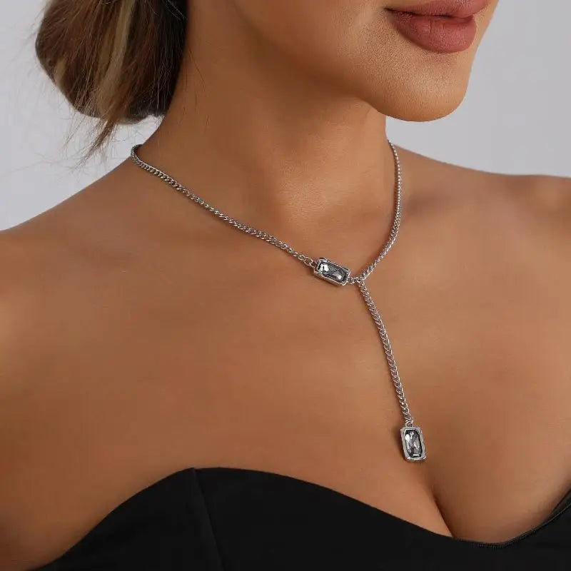 Y-Shape Layering Necklace | Black Square Rhinestone Pendant
