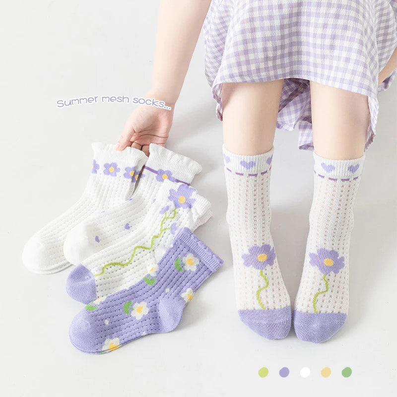 5-Pack Girls Soft Floral Cotton Mid-Tube Socks | Ages 1–12
