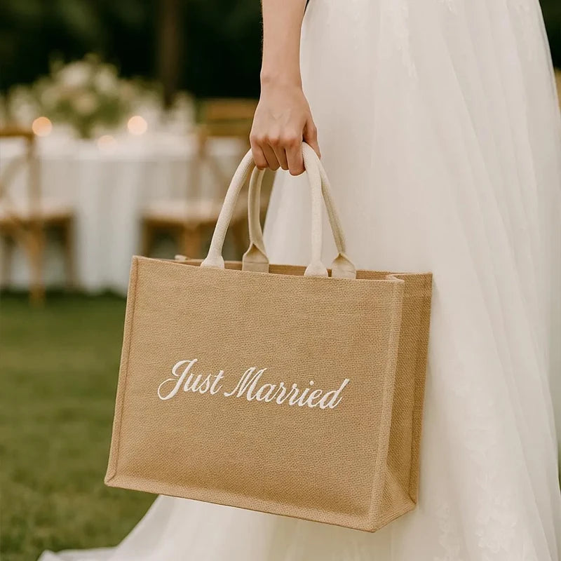Just Married Large Burlap Tote Bag | Bridal Shower Wedding Gift