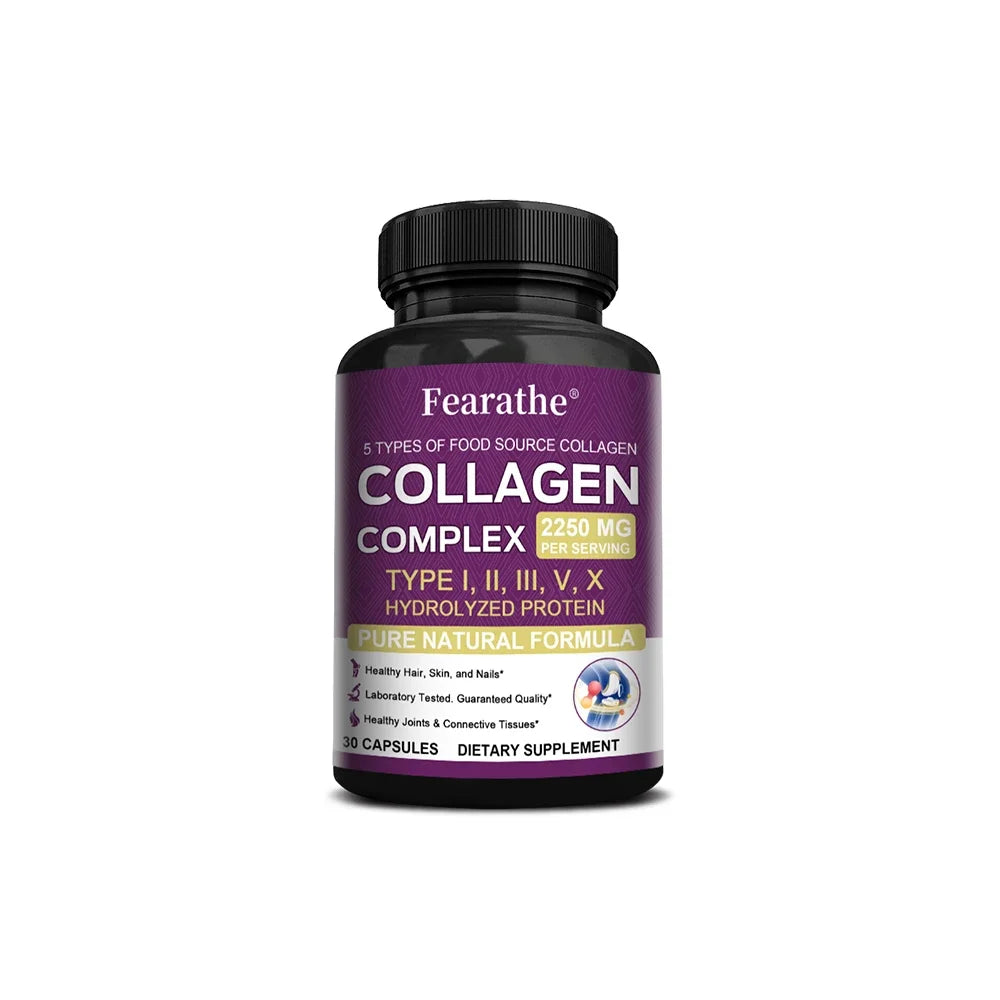 Multi-Collagen Capsules for Men and Women - Hydrolyzed Type I II III V X for Skin, Hair, Nails, Bones, Joints, Nutrition Peaceful Pleasures Health and Wellness 30 count-1 bottle
